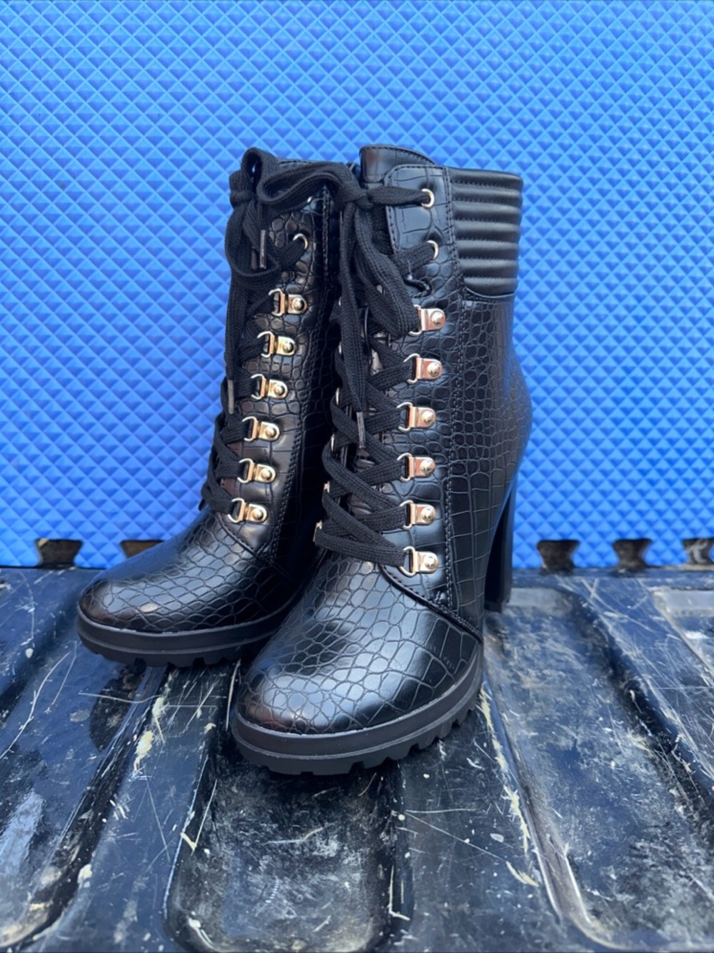 Shoe Dazzle Black Croc-Embossed Lace-Up High Heel Booties